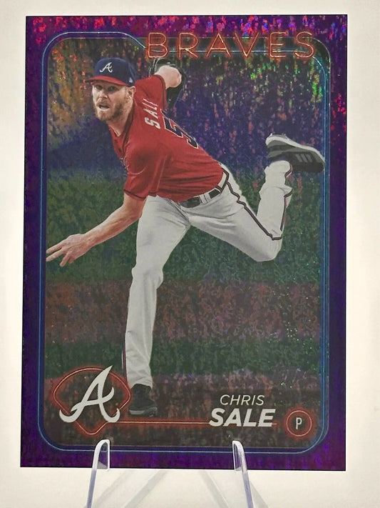 Chris Sale Braves baseball card from 2023-2024 Topps Series 2 Purple Sparkle #113/799
