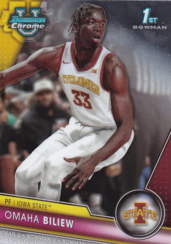 Basketball player in white Iowa State jersey 33, showcasing Omaha Biliew Bowman 1st action