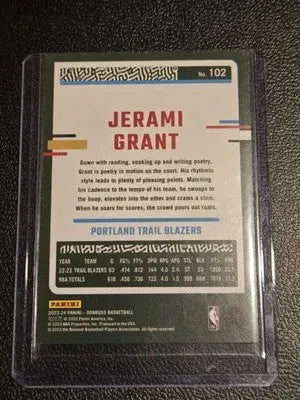 Jerami Grant basketball card featuring green laser holo from 2023-24 Donruss series