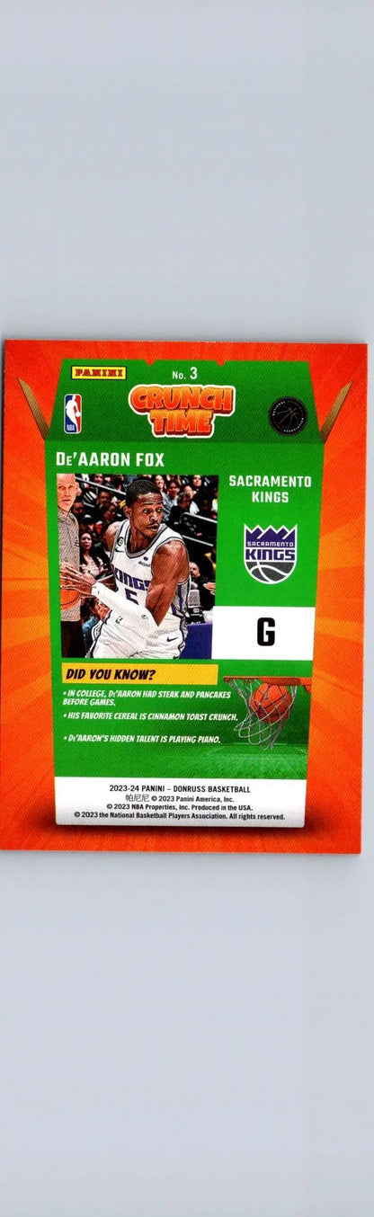 De’Aaron Fox basketball card from 2023-24 Donruss Crunch Time Press Proof series