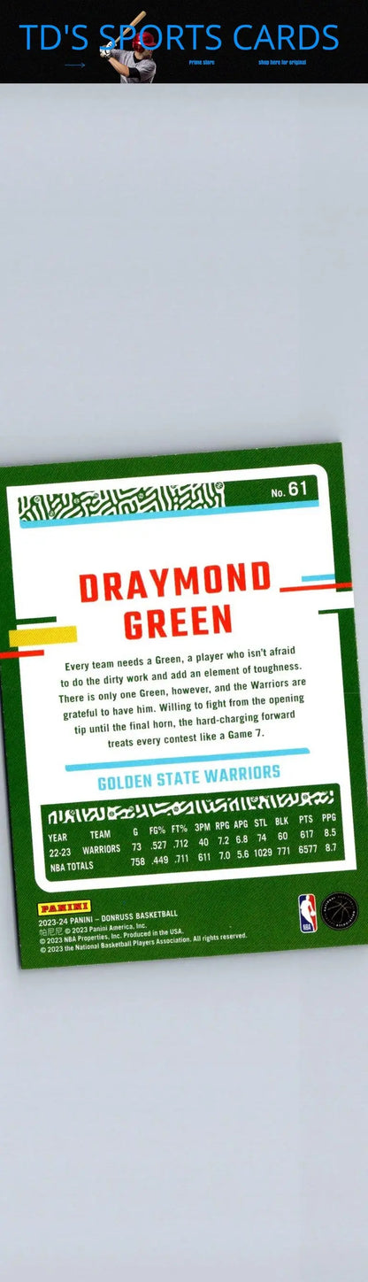 Draymond Green basketball card from 2023-24 Donruss with Green Laser Holo effect
