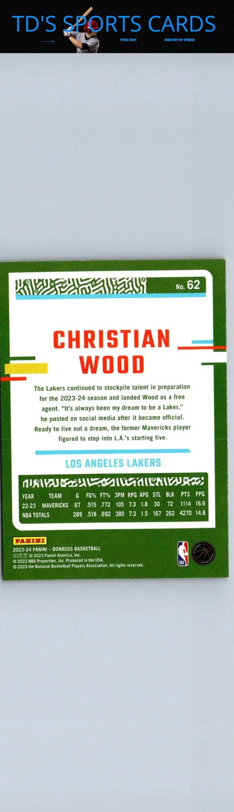 Christian Wood basketball card from 2023-24 Donruss #62 Green Laser Holo edition