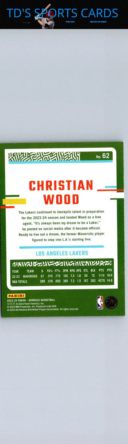 Christian Wood basketball card from 2023-24 Donruss #62 Green Laser Holo edition