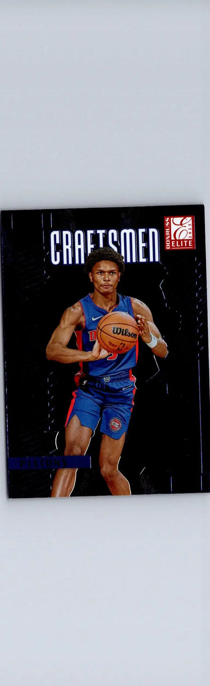 NBA basketball trading card featuring Ausar Thompson in blue and red uniform holding Wilson ball