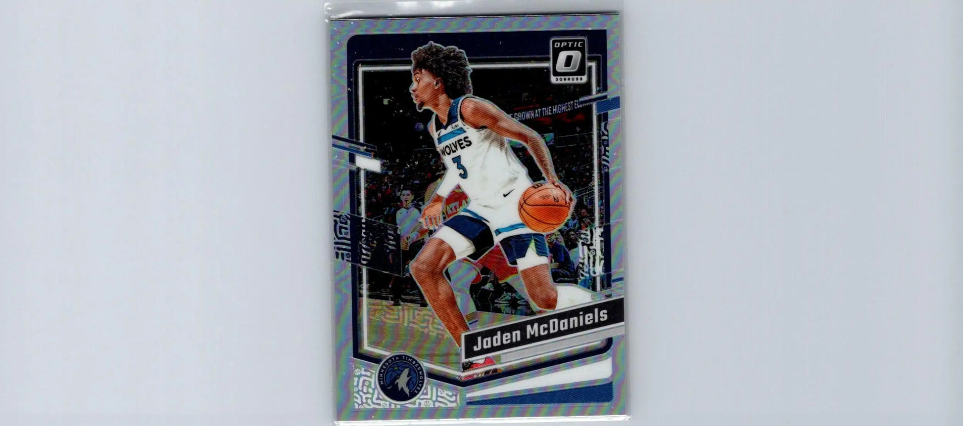 Jaden McDaniels Holo trading card from 2023-24 Donruss Optic set featuring McDaniels holo design