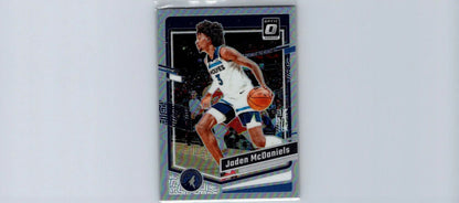 Jaden McDaniels Holo trading card from 2023-24 Donruss Optic set featuring McDaniels holo design
