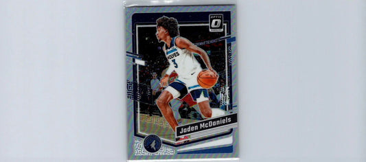 Jaden McDaniels Holo trading card from 2023-24 Donruss Optic set featuring McDaniels holo design