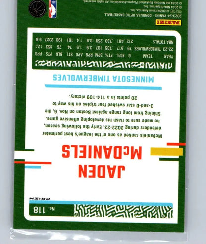 NBA trading card of Jaden McDaniels Holo from 2023-24 Donruss Optic series