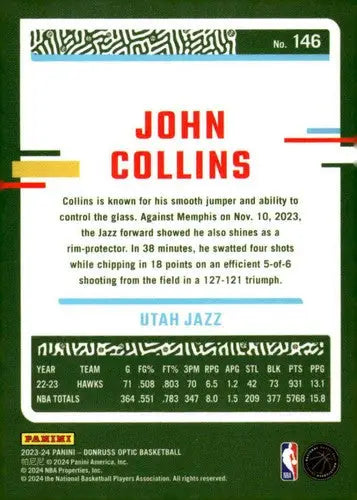 Original gloss Donruss Optic John Collins basketball card Jazz 2023-24 NM-MT