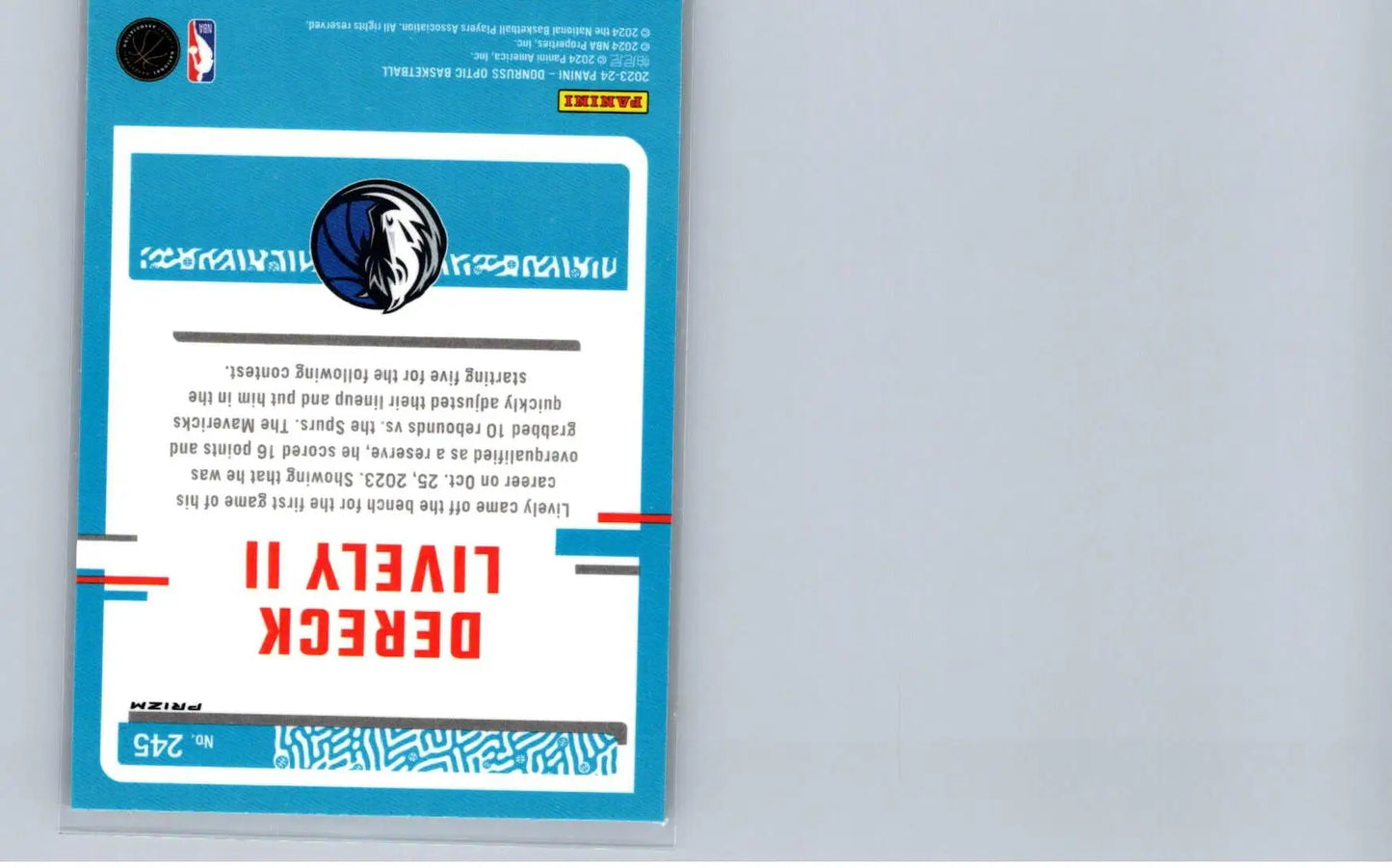 Back of Dereck Lively II basketball trading card from 2023-24 Donruss Optic Lively II Holo