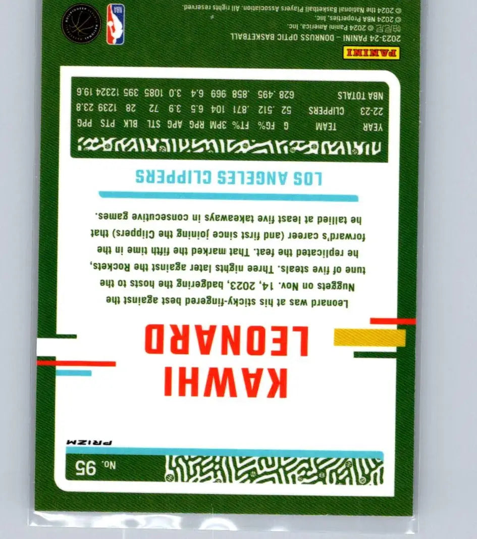 Back of 2023-24 Donruss Optic Kawhi Leonard Purple trading card featuring player stats