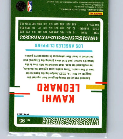 Back of 2023-24 Donruss Optic Kawhi Leonard Purple trading card featuring player stats