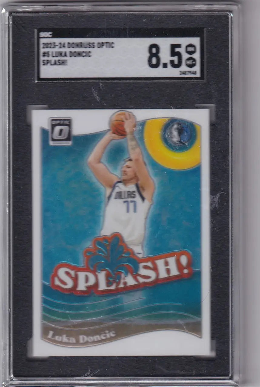 Graded Luka Doncic basketball card from 2023-24 Donruss Optic Splash featuring the Dallas Mavericks