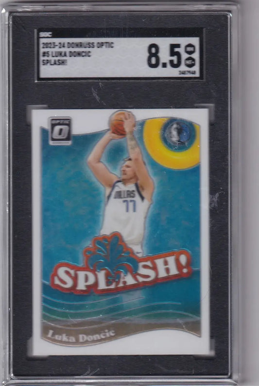 Graded Luka Doncic basketball card from 2023-24 Donruss Optic Splash featuring the Dallas Mavericks