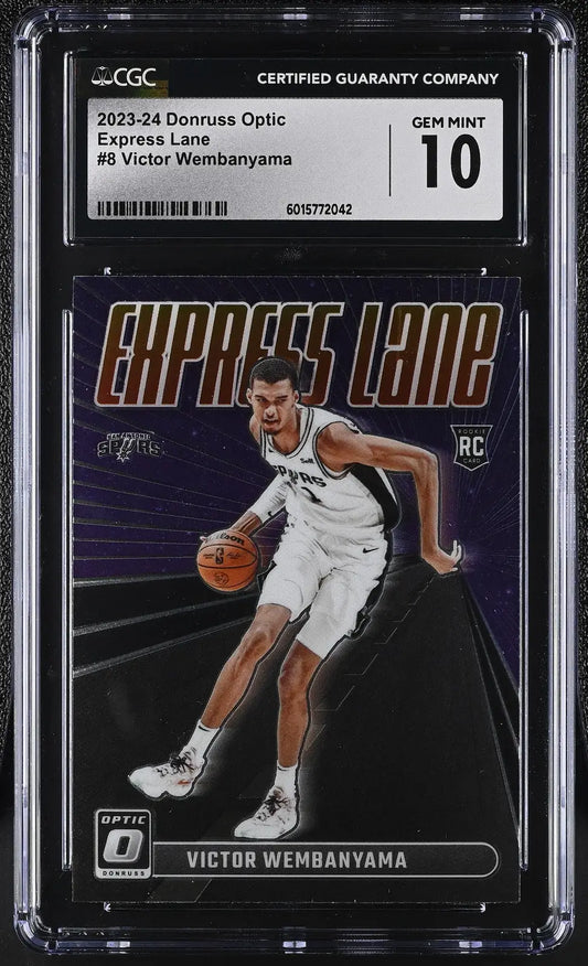 Graded Victor Wembanyama rookie card from Donruss Optic featuring Express Lane design