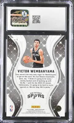 A graded Donruss Victor Wembanyama basketball trading card in the 2023-24 Donruss Victor series