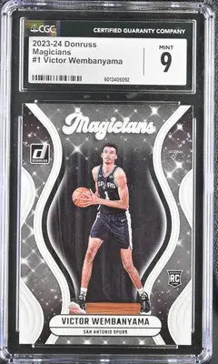 Graded Donruss Victor Wembanyama basketball card displayed in 2023-24 Donruss Victor product