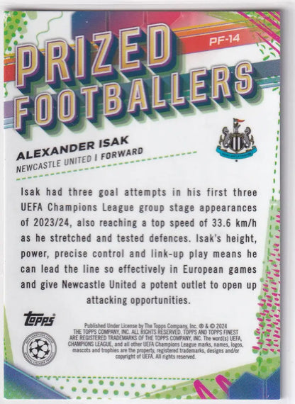 Trading card of Alexander Isak from the 2023-24 Finest Prized Footballers collection