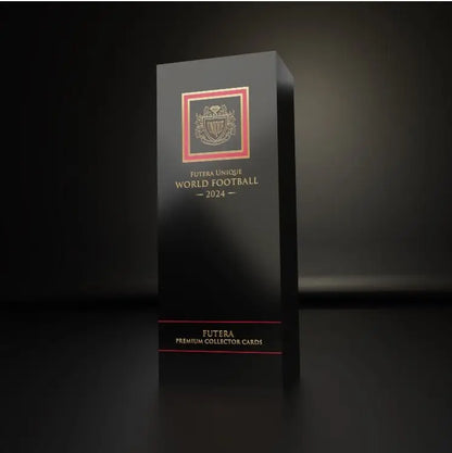 Black collectible card box with gold lettering for 2023-24 Futera Unique World Football soccer premium collector