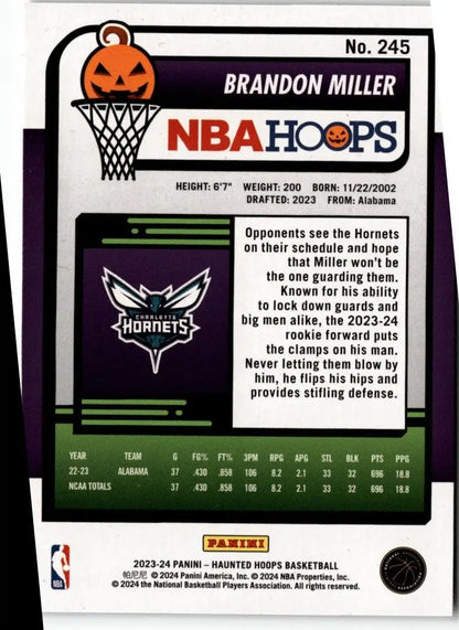 Brandon Miller basketball card from 2023-24 Hoops Haunted Hoops Orange collection