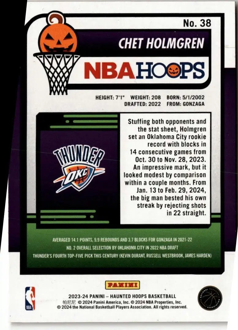Chet Holmgren basketball card from 2023-24 Hoops Haunted Hoops series in orange