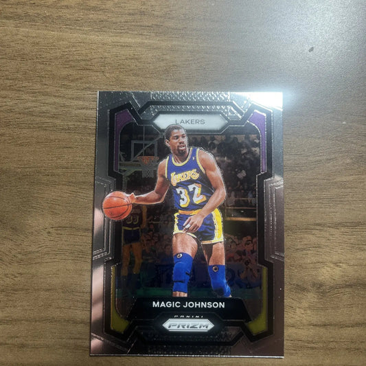 Magic Johnson Panini Prizm trading card featuring Los Angeles Lakers #185 design