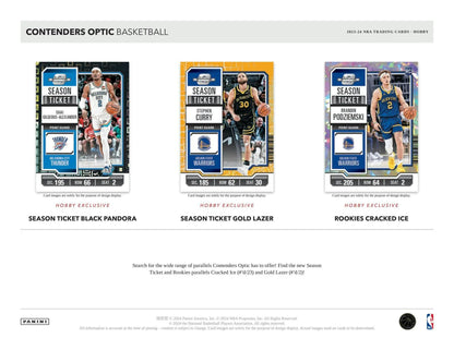 Basketball trading cards from 2023-24 Panini Contenders Optic Hobby Box featuring cracked ice design