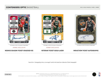 Basketball trading cards featuring contenders optic and cracked ice from 2023-24 Panini Contenders Hobby Box