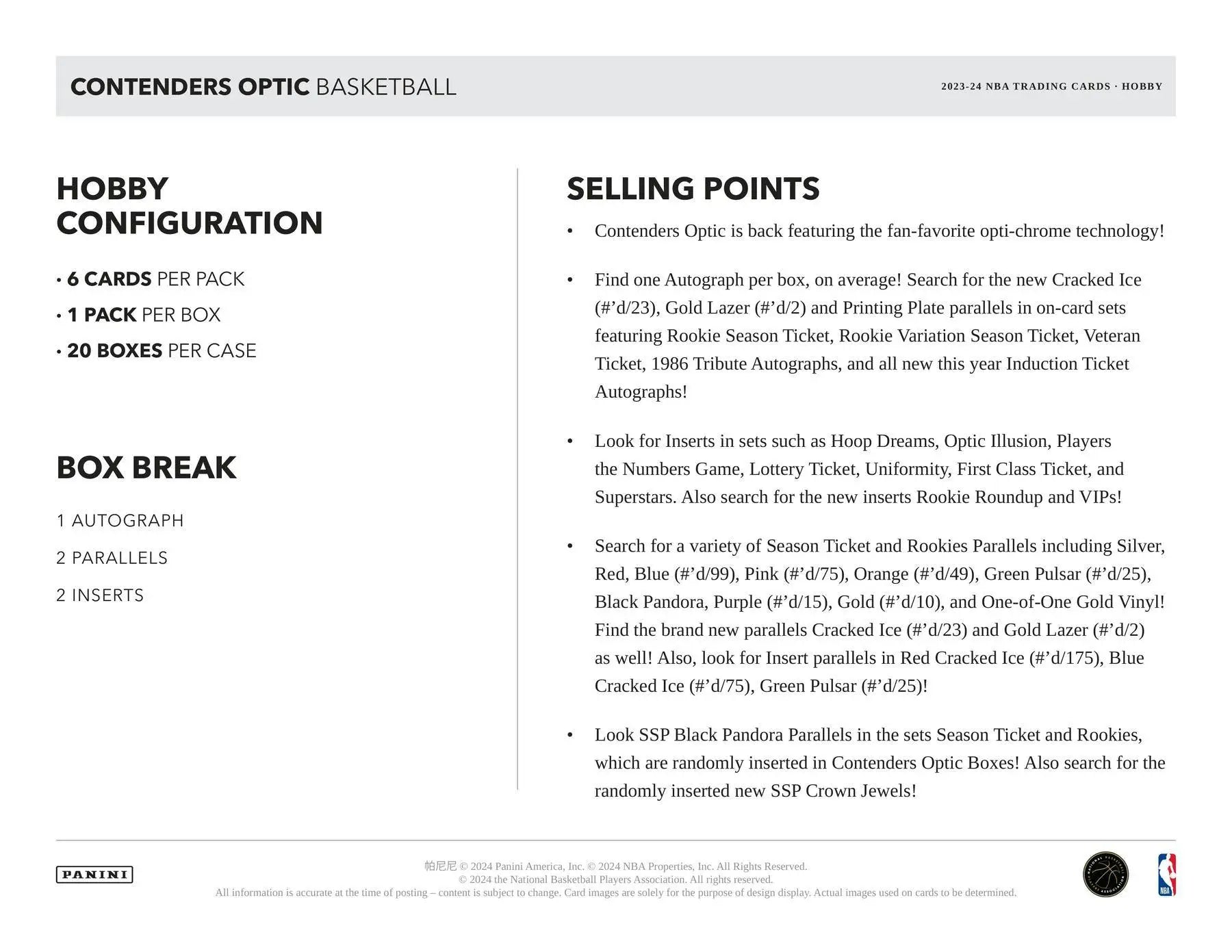 2023-24 Panini Contenders Optic Basketball Hobby Box with Season Ticket and Cracked Ice cards
