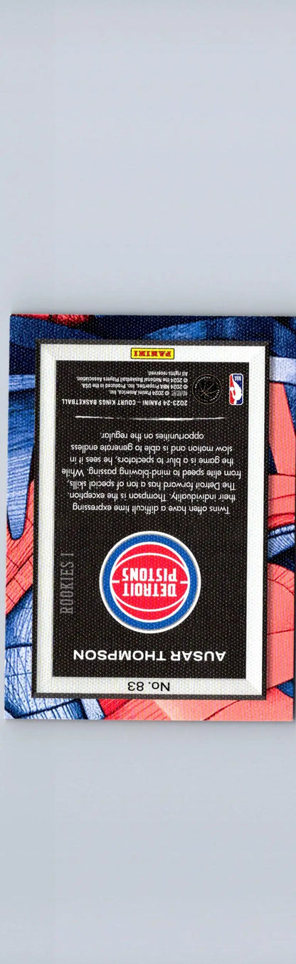 Back of 2023-24 Panini Court Kings Ausar Thompson NBA trading card featuring Detroit Pistons