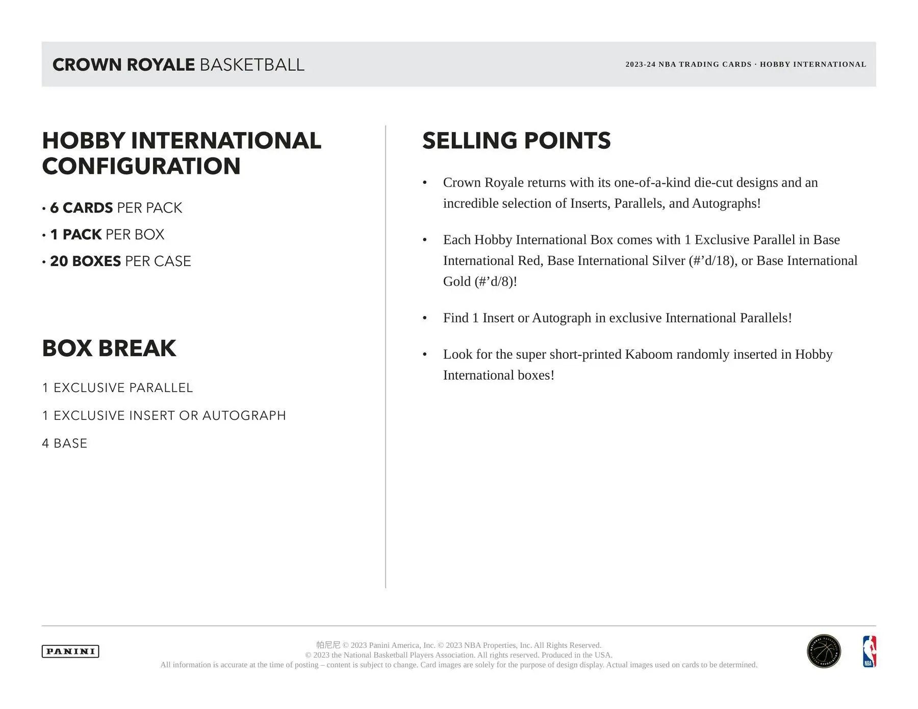 Crown Royale Basketball Hobby International configuration details in Panini Crown Royale box