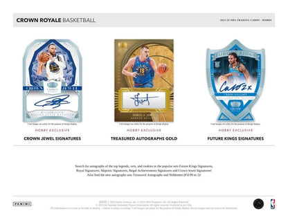 Basketball trading cards from Panini Crown Royale 2023-24 featuring rookie silhouettes and treasured autographs