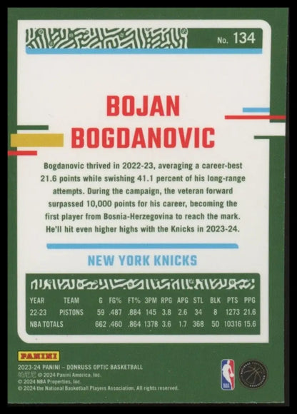 2023-24 Panini Donruss Optic Bojan Bogdanovic #134 New York Knicks Basketball - Basketball Card