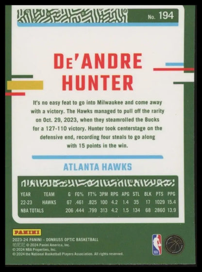 2023-24 Panini Donruss Optic DeAndre Hunter #194 Atlanta Hawks Basketball Card