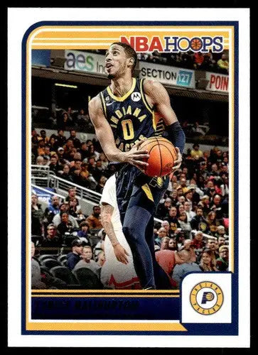 Original gloss Panini Hoops trading card of Tyrese Haliburton from 2023-24 season