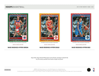Three Panini Hoops Basketball trading cards in the 2023-24 Asia Box with hot signatures