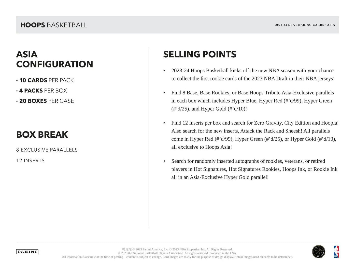Panini Hoops Basketball Asia Box featuring hot signatures and trading card information