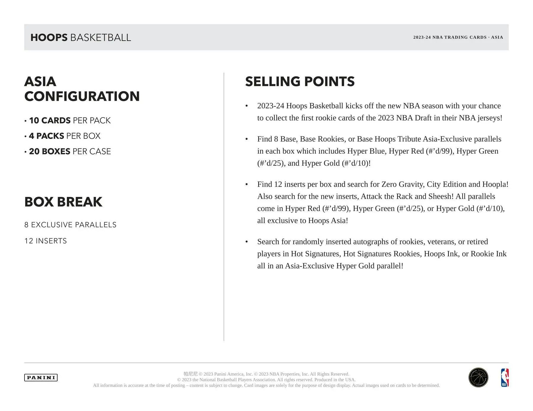 Panini Hoops Basketball Asia Box featuring hot signatures and trading card information