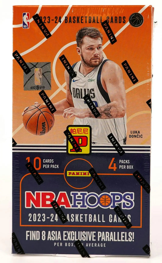 NBA Hoops 2023-24 basketball card box showcasing Panini Hoops Basketball Asia Box with hot signatures