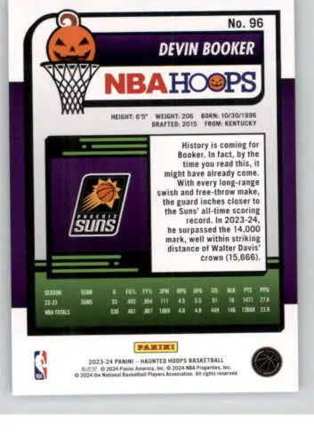 Devin Booker NBA Hoops basketball card from 2023-24 Panini Hoops Haunted collection
