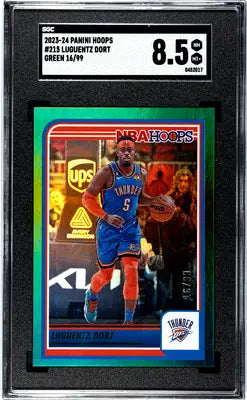 Graded Panini Hoops Luguentz Dort basketball card displayed in 2023-24 Panini Hoops series