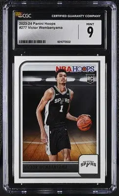 Graded Panini Hoops Victor Wembanyama basketball card displayed in 2023-24 Panini Hoops