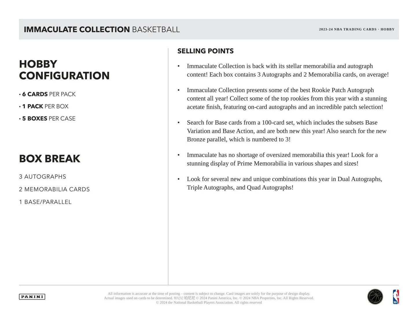 2023-24 Panini Immaculate Basketball Hobby Box featuring two memorabilia cards details