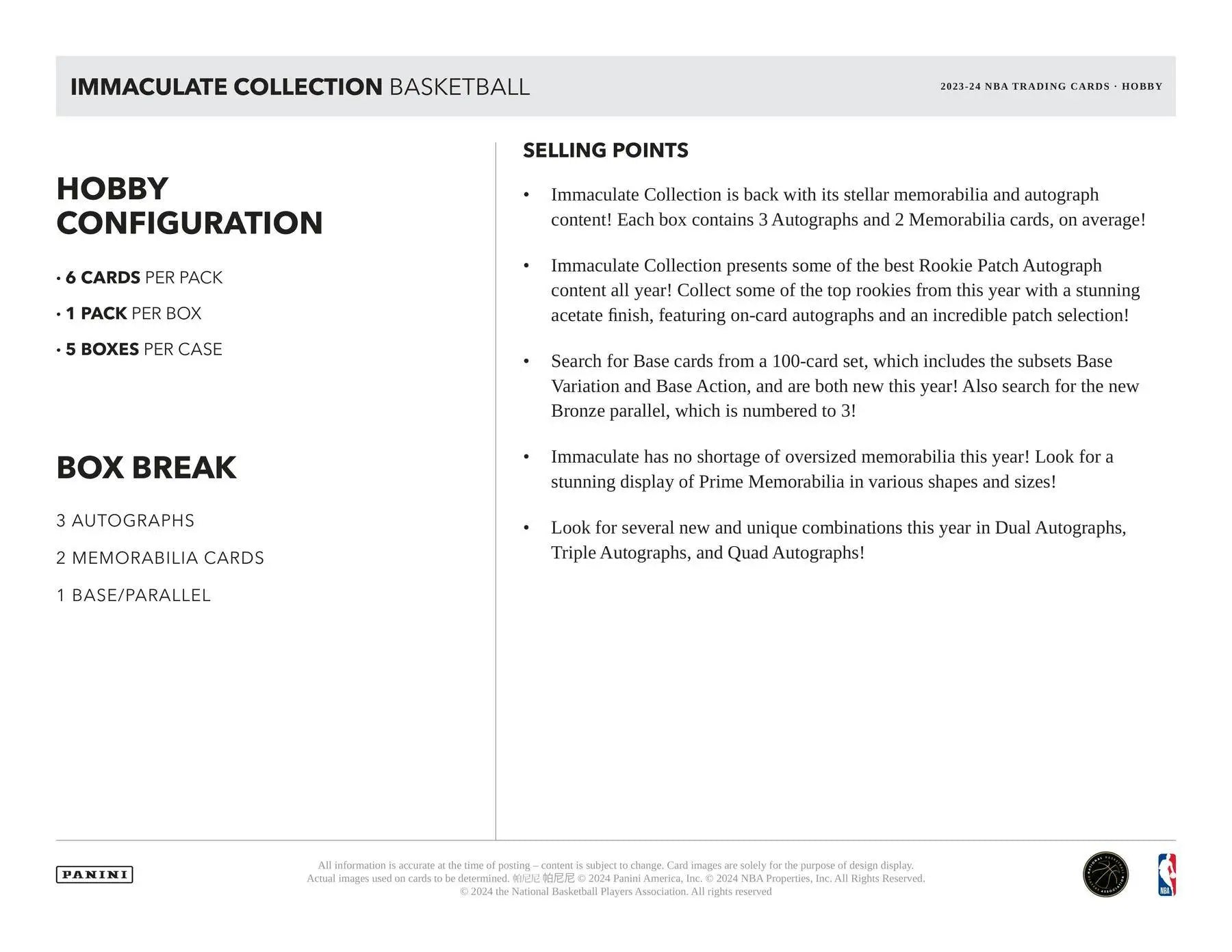 2023-24 Panini Immaculate Basketball Hobby Box featuring two memorabilia cards details