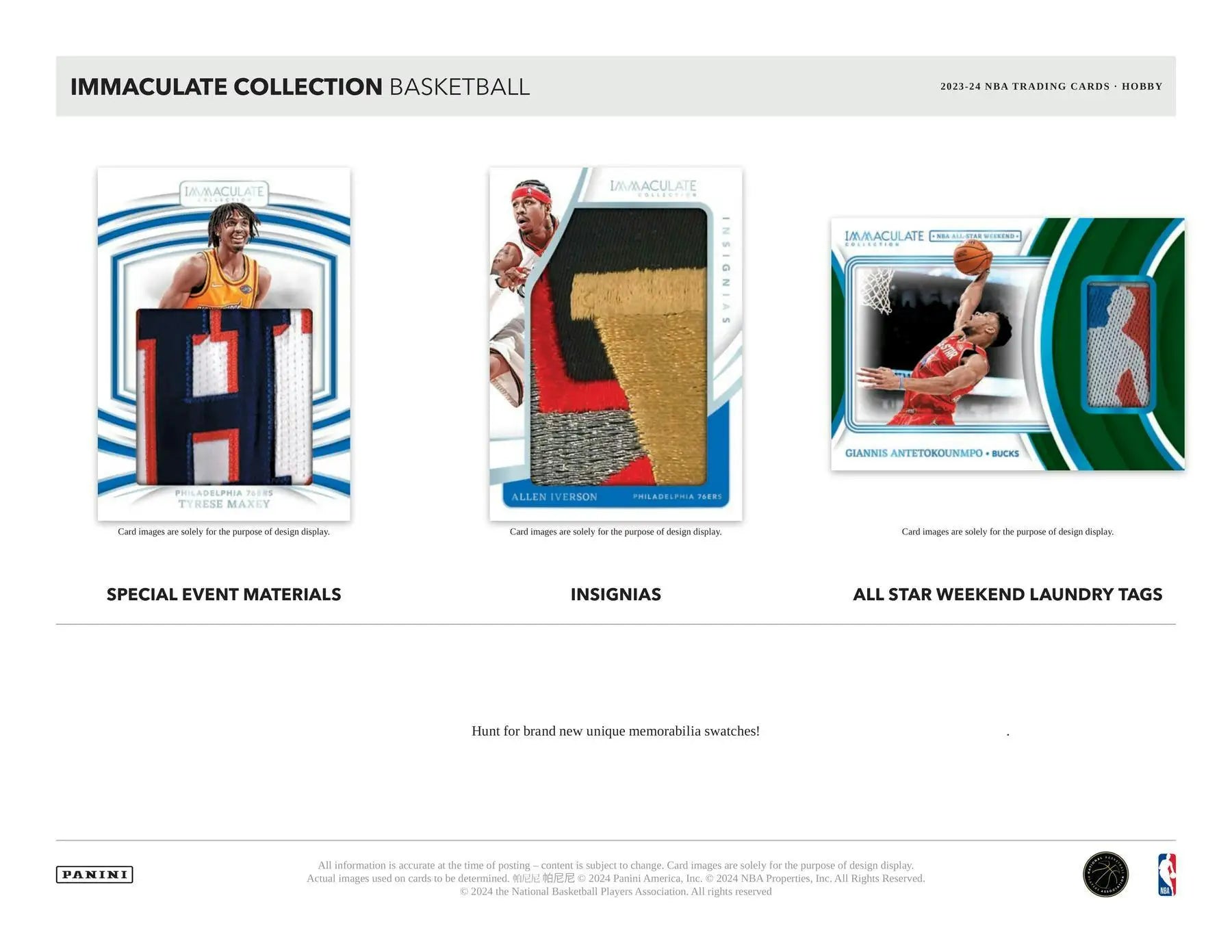 Basketball trading cards in the 2023-24 Panini Immaculate Basketball Hobby Box with two memorabilia cards