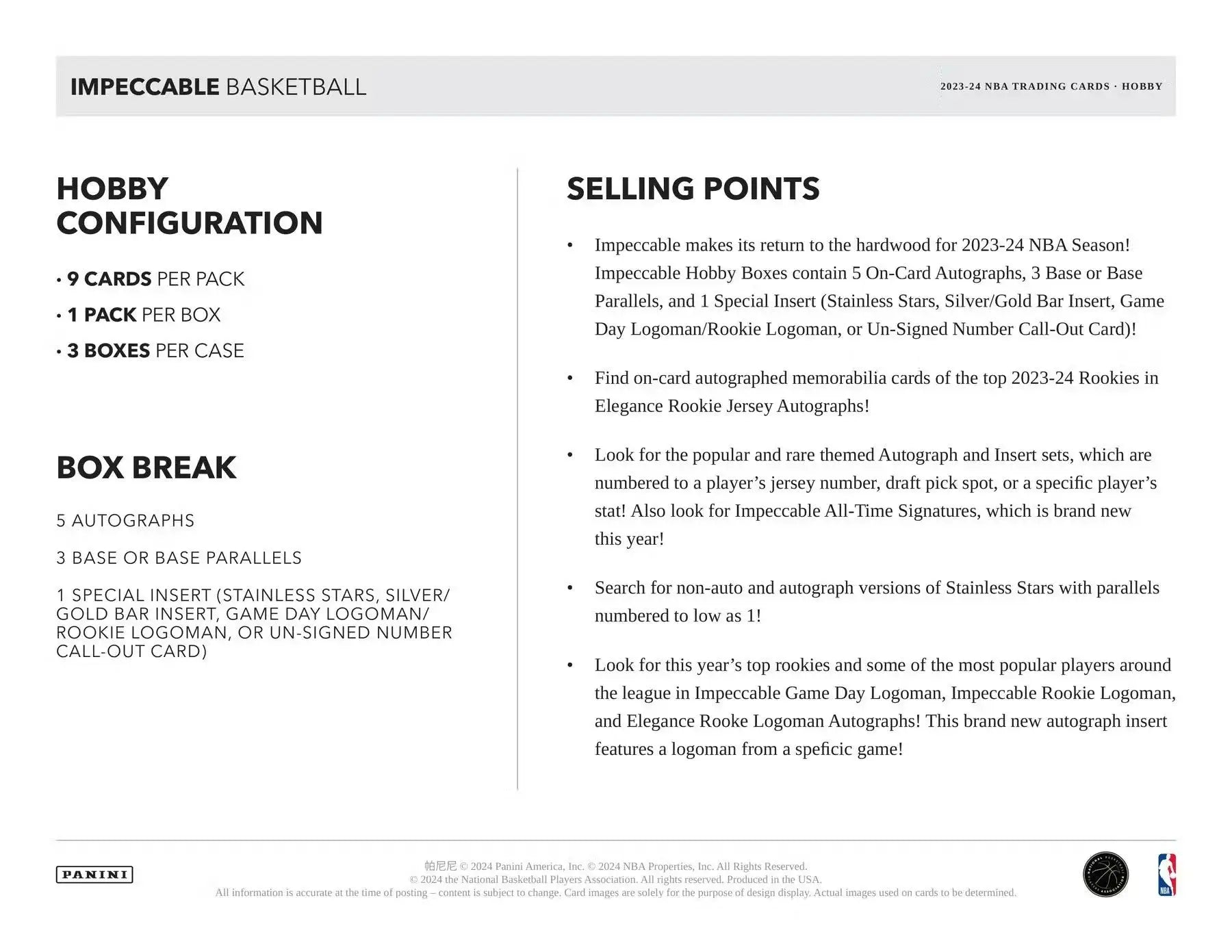 Impeccable Basketball Hobby Box featuring elegance rookie jersey, rookie jersey autographs, and special insert