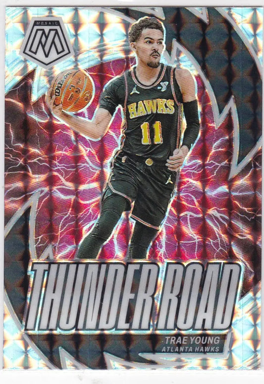 Trae Young Thunder NBA trading card from 2023-24 Panini Mosaic Thunder Road Atlanta Hawks