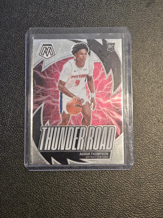 Basketball trading card featuring Ausar Thompson from 2023-24 Panini Mosaic Thunder Road