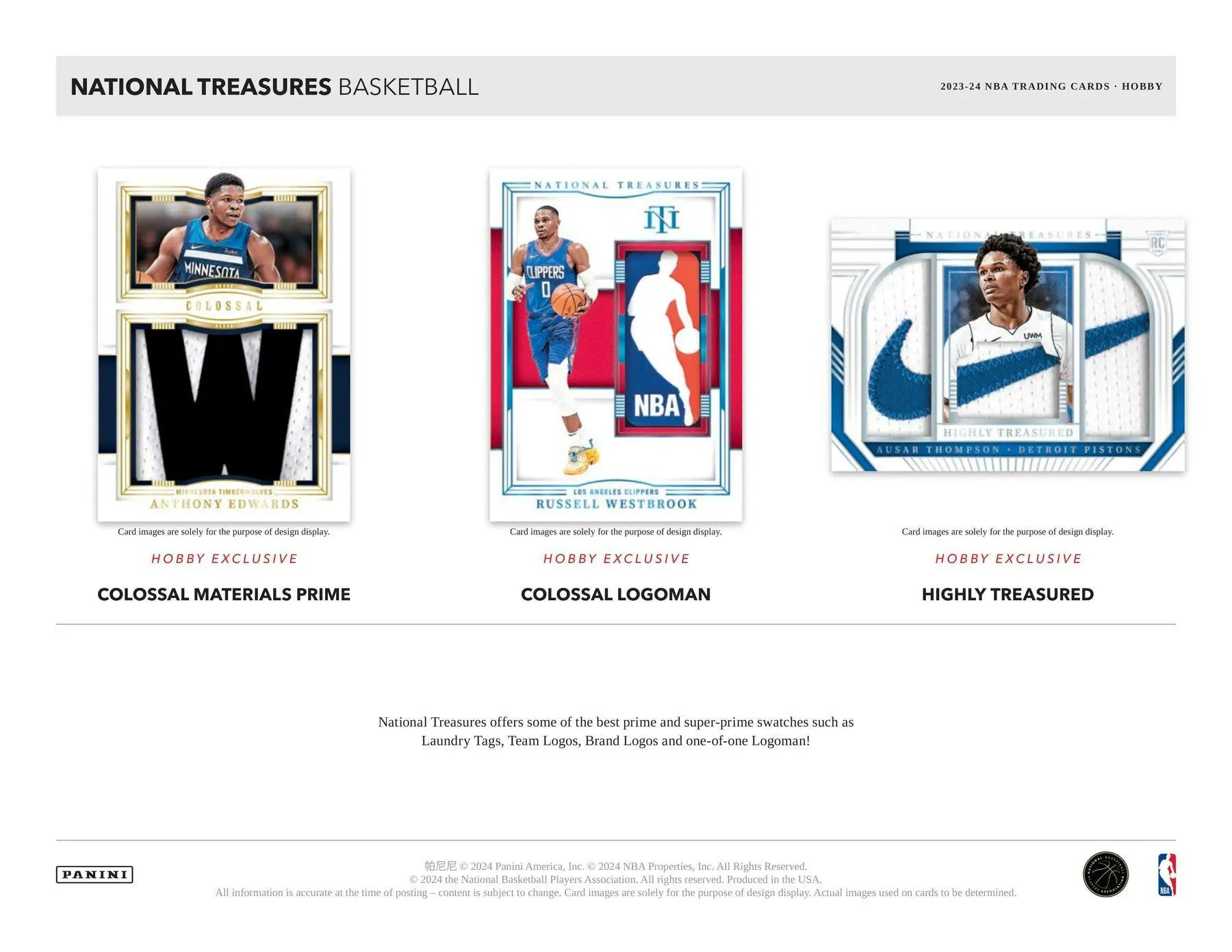Product preview of three NBA trading cards from Panini National Treasures collection