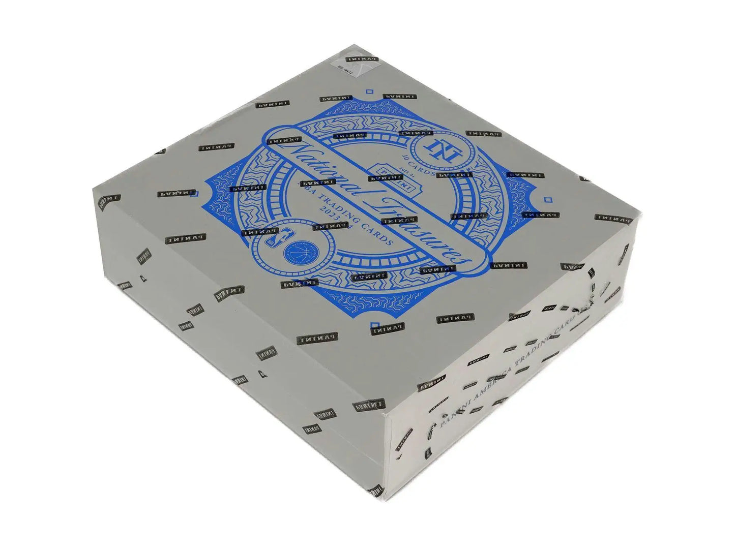 Square gray box with blue circular design for Panini National Treasures basketball hobby box